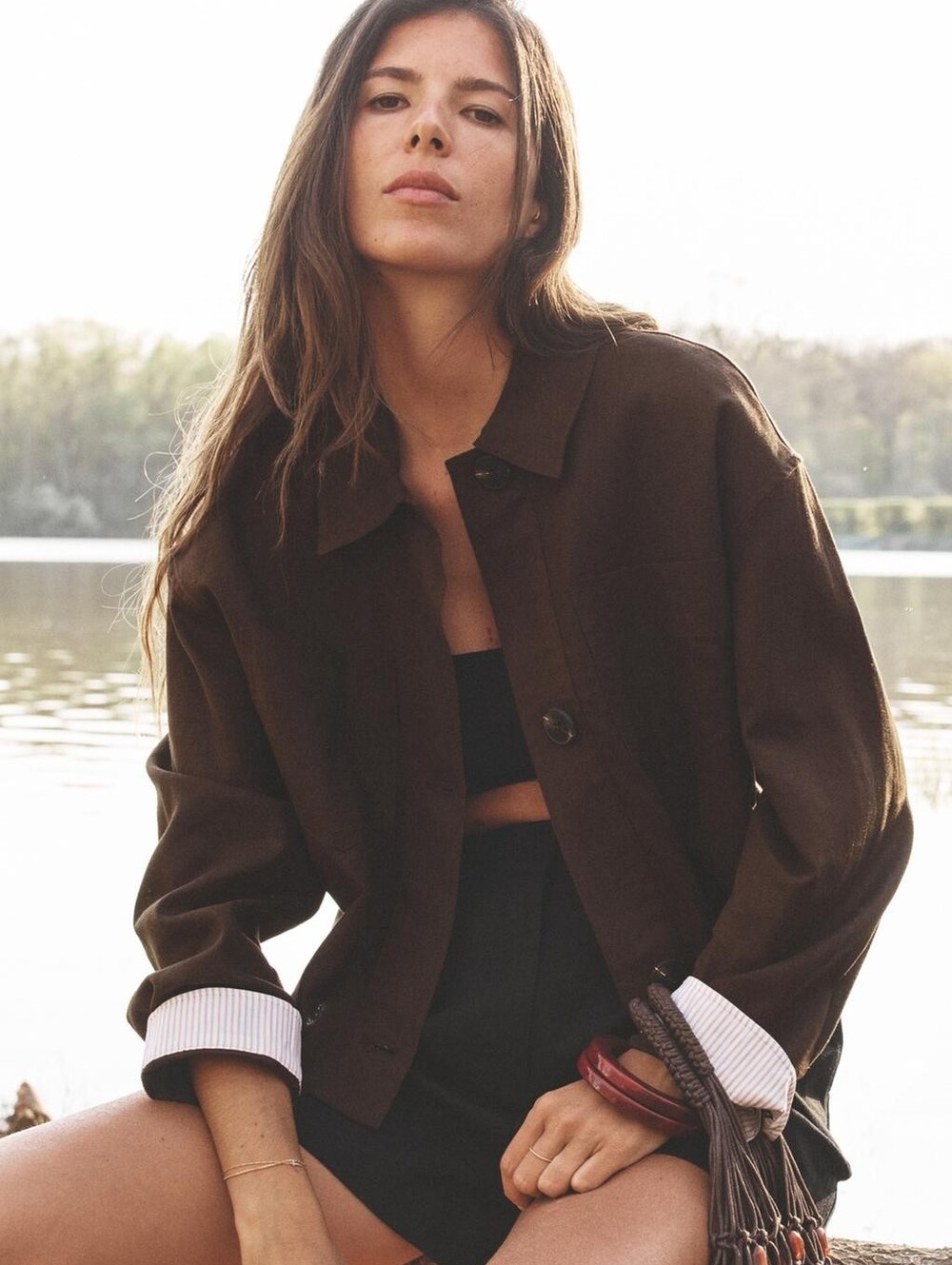 Zara Linen Blend Short Jacket Brown Women’s Small Minimalist Casual Minimalist